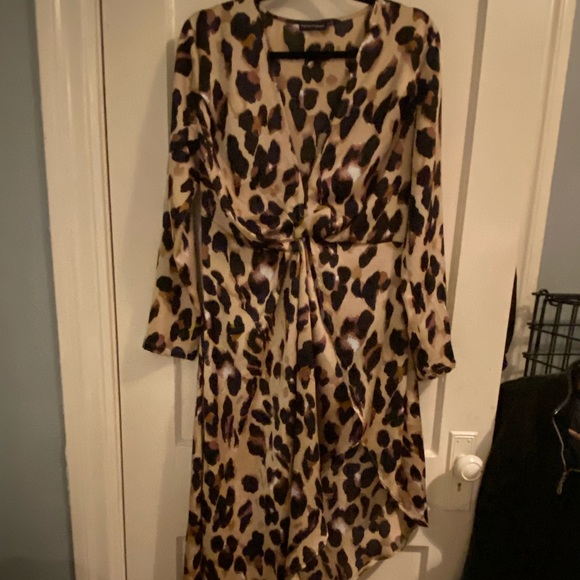 Deep v-neck leopard print dress, asymmetrical cut - Picture 1 of 4